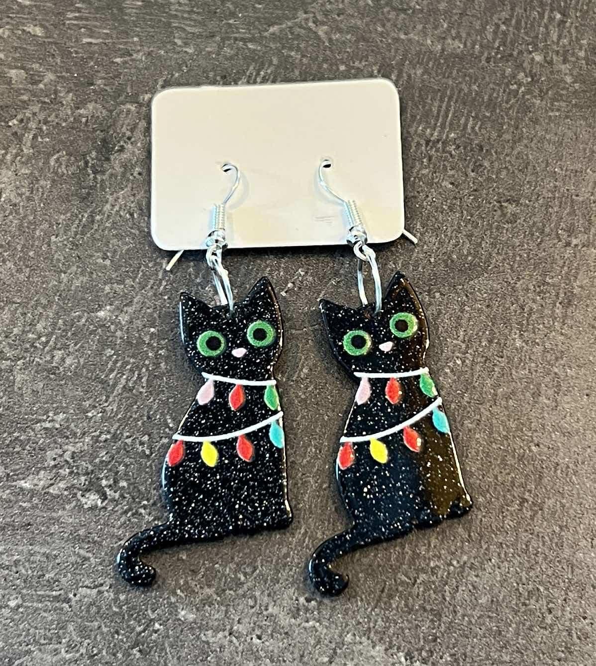 Popping Candy Dangle Earrings - Midnight Tangle Kitty w Hooks