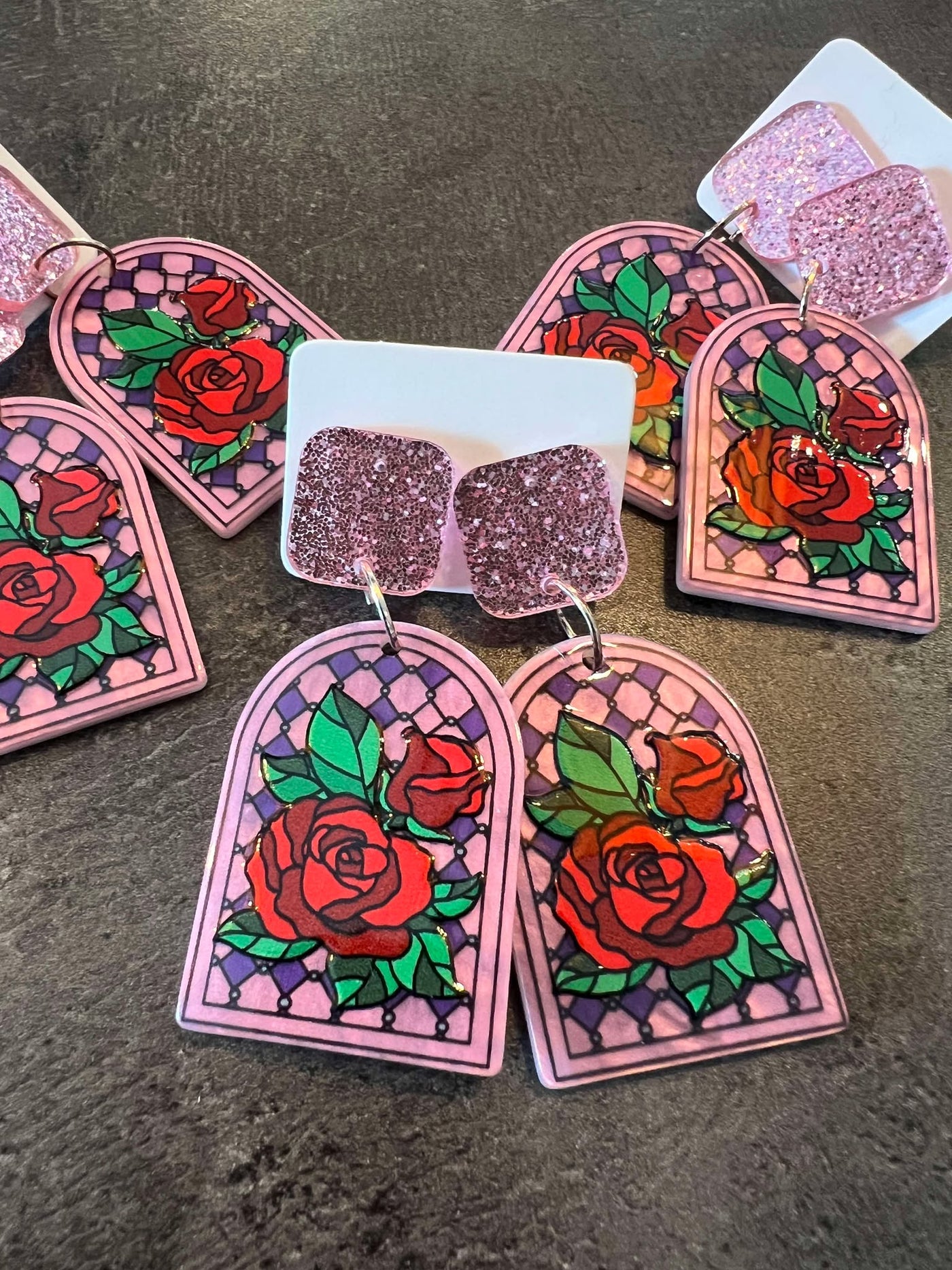 Popping Candy Dangle Earrings - Stained Glass Roses