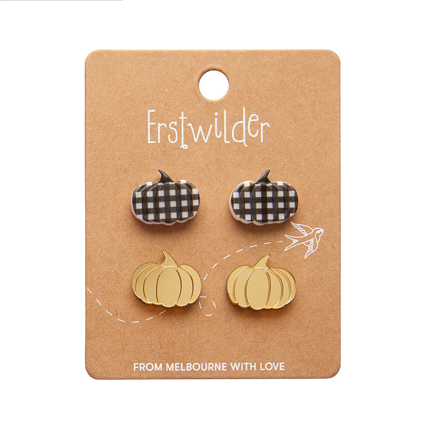 Erstwilder -Pumpkin Patch Stud Earrings Set - Gold & Black Gingham