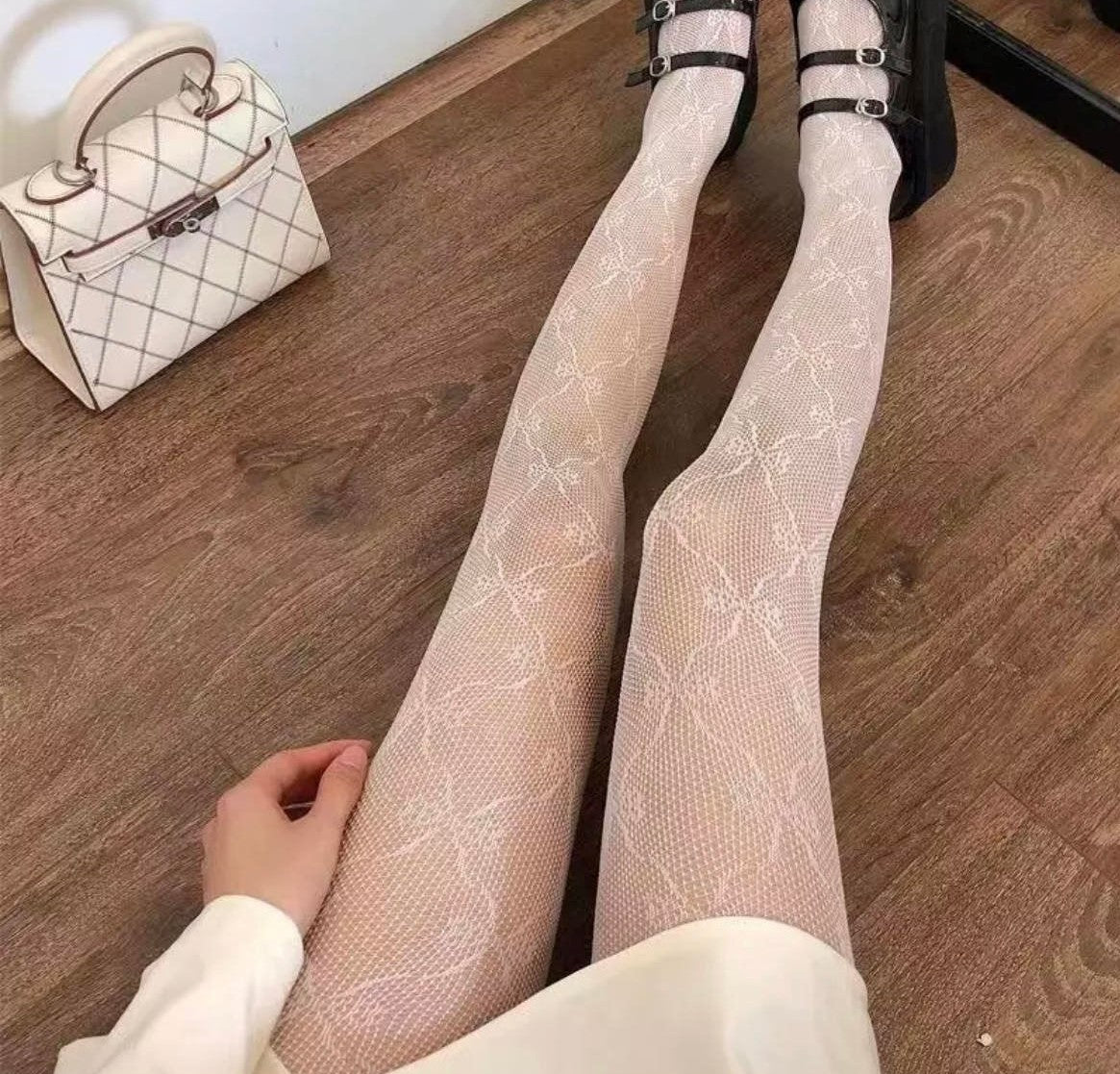 Bow Tique Net Tights - White 17