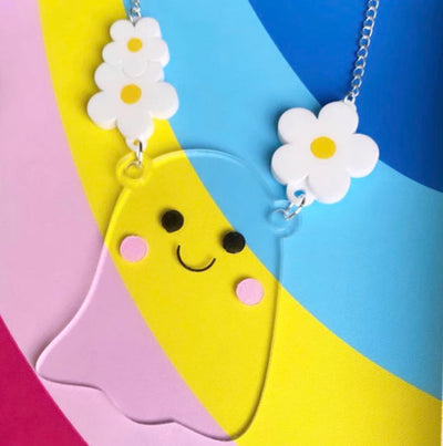 Little Pig Designs - Clear Ghost and Daisies Acrylic Necklace - LAST ONE!
