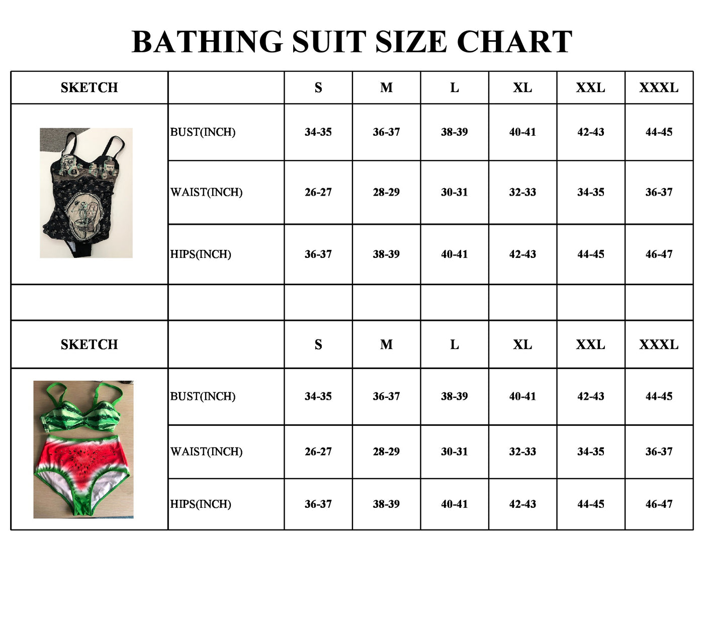 Size Chart For Bathing Suit